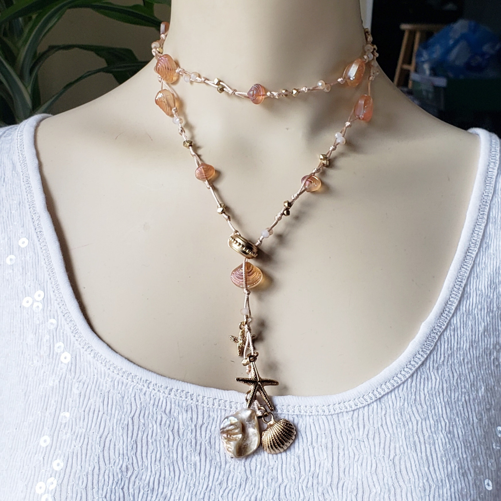 Sea Life Starfish Glass Shell Coral Beach Woven Rope Y Lariat Long Necklace NWT