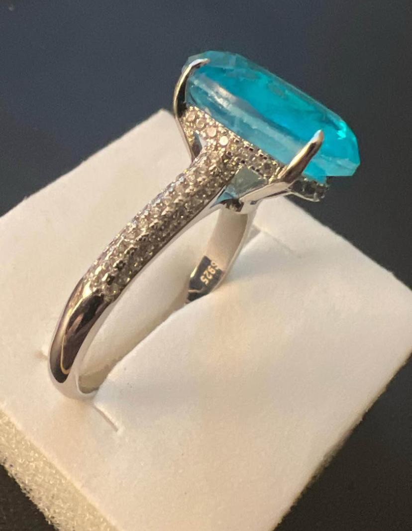 9 Size Marked 925 Oval 6 CT Paraiba Tourmaline Silver Ring Luxury Sparkly Ring