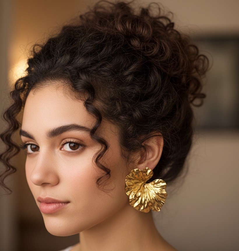 Zara Flower Earrings Hammered Gold Petal Stud Statement Exaggerated Textured