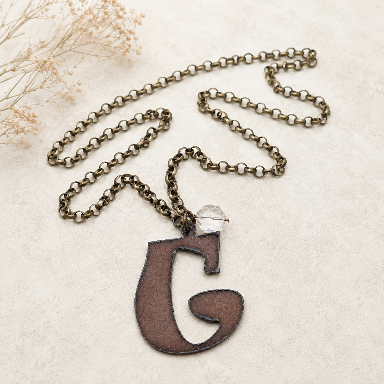 Artisan Initial J Industrial Necklace Glass Crystal 32 In Rolo Chain Rustic
