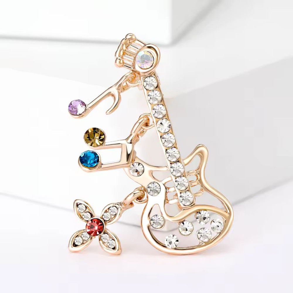 Electric Guitar Brooch Gold Music Note Crystal Pin Musician Instrument Jewelry G