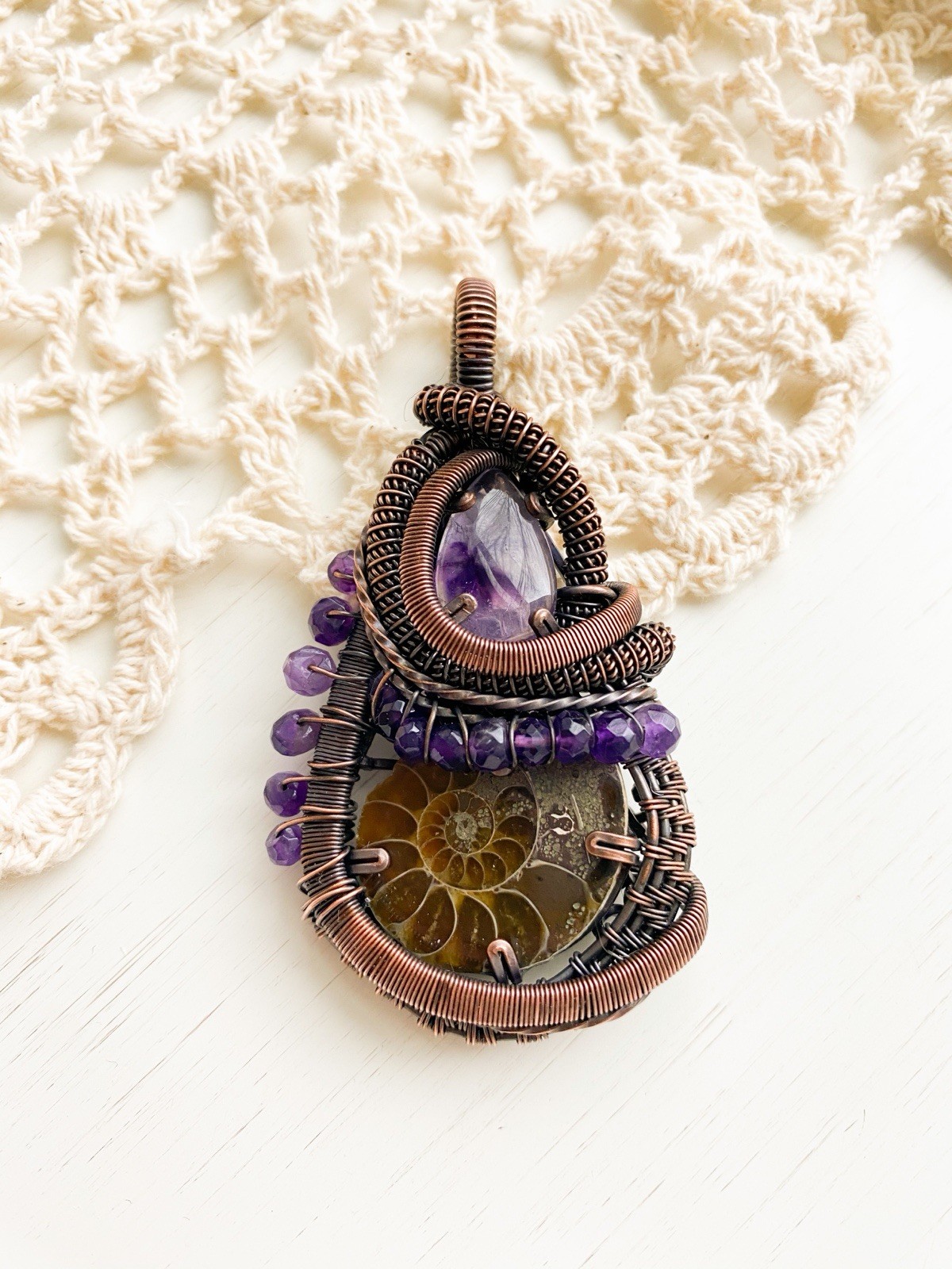 Handcrafted Copper Wire Wrapped Ammonite & Amethyst Bohemian Teardrop Pendant