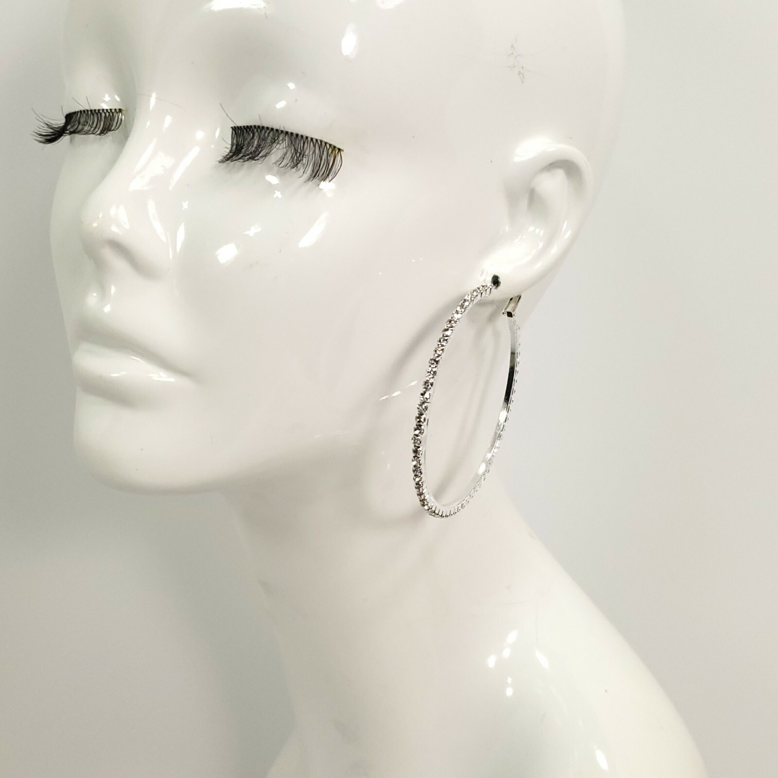 E0300 Bling Silver Tone Base Clear Rhinestones Circle Round 2.5″ Hoop Earrings