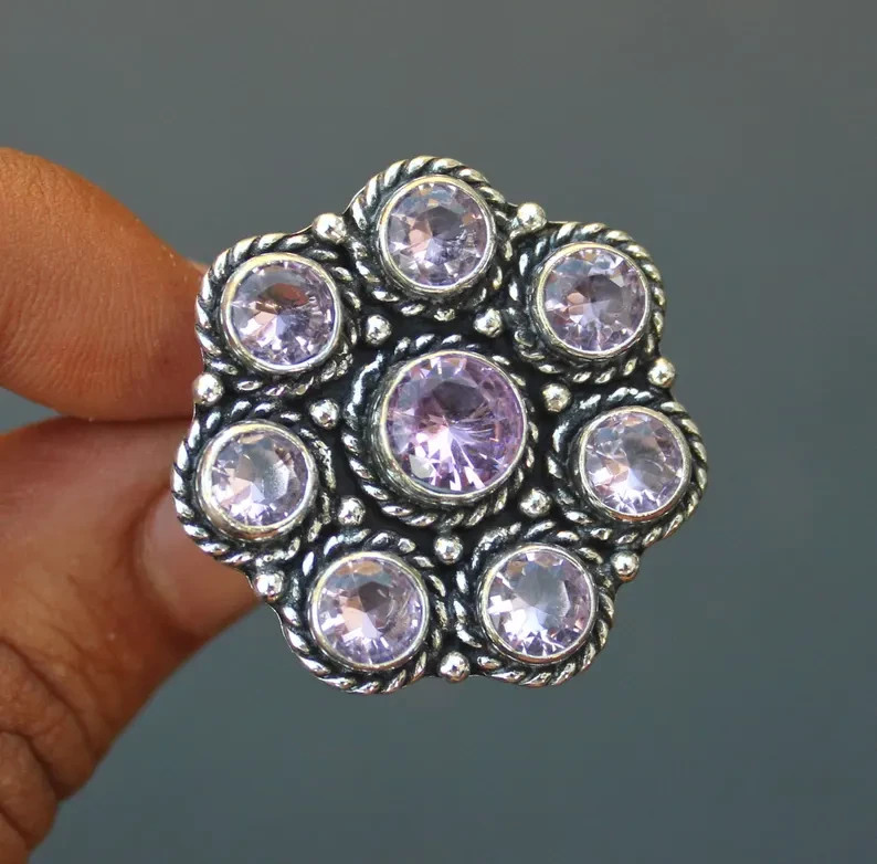 Pink Kunzite Floral Cluster Silver Ring | Vintage Statement Ring | Round Cut