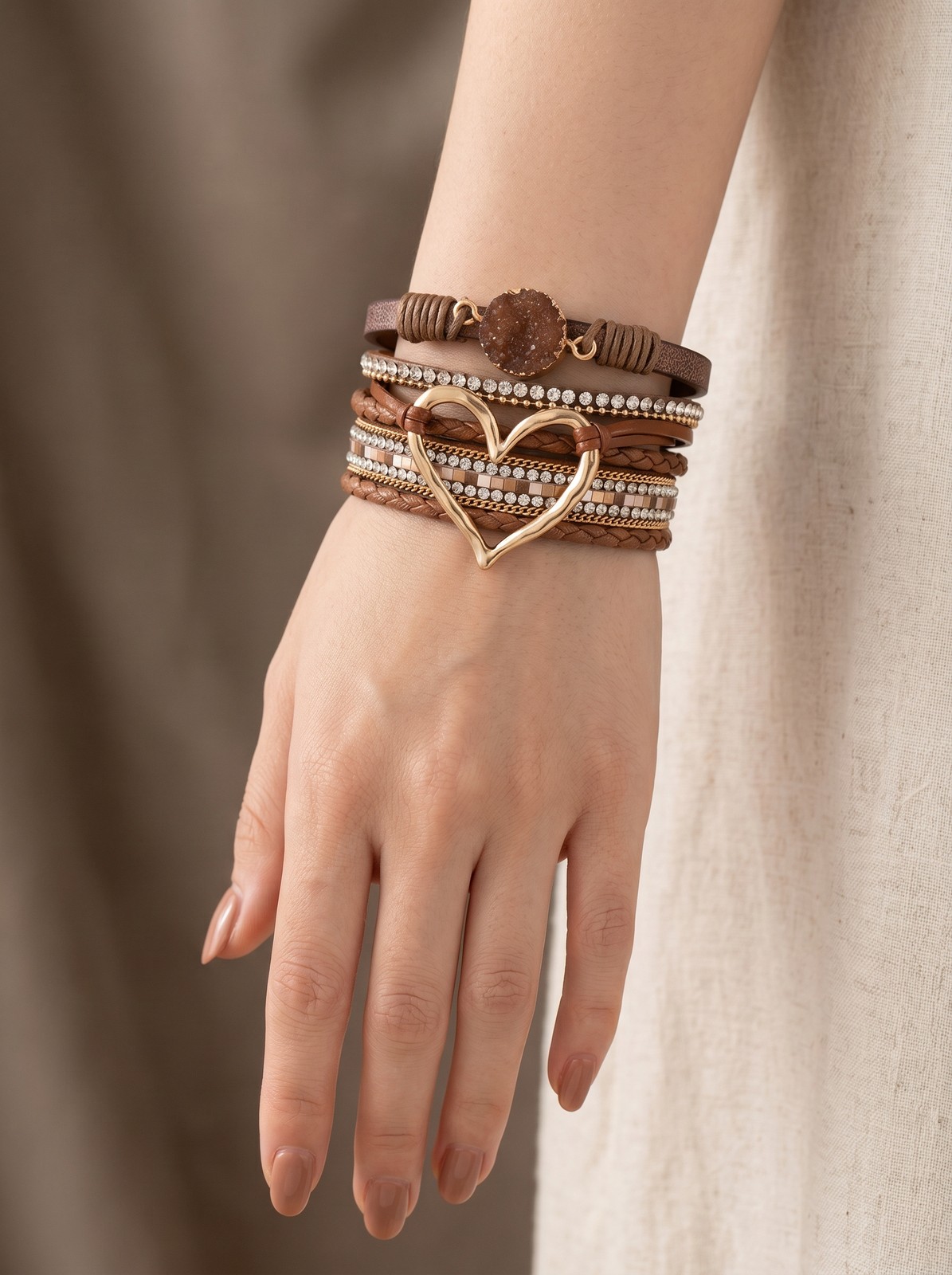 Romantic Boho Heart Wrap Bracelet – Coffee Brown Multi-Strand Leather w/ Stone