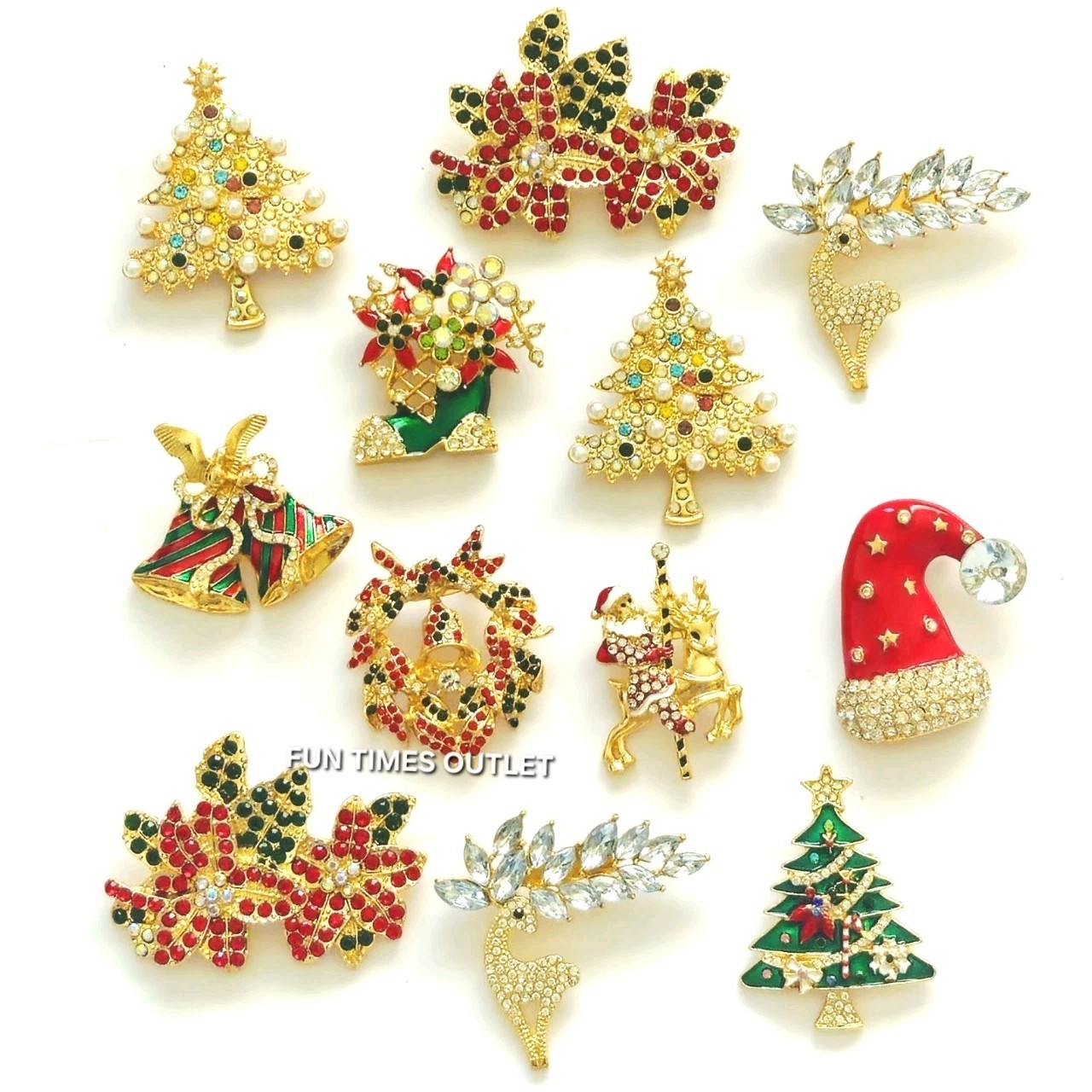 12 Christmas Pins Brooch Lot Reindeer Poinsettia Rhinestone Holiday Party Pin
