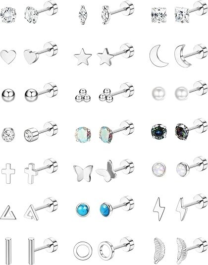 21Pairs Hypoallergenic Surgical Steel Earrings – Flat Back Stud Earrings for …