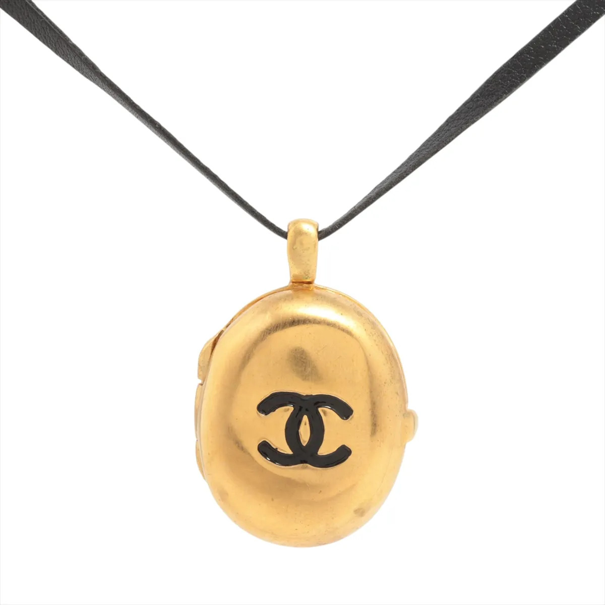 Chanel Coco Mark 95P Necklace GP & Leather Black×Gold Pendant Mirror
