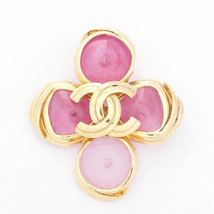 Vintage CHANEL 96P Coco Mark CC Pink Gripoix Gold Plated Pin Brooch in Rare