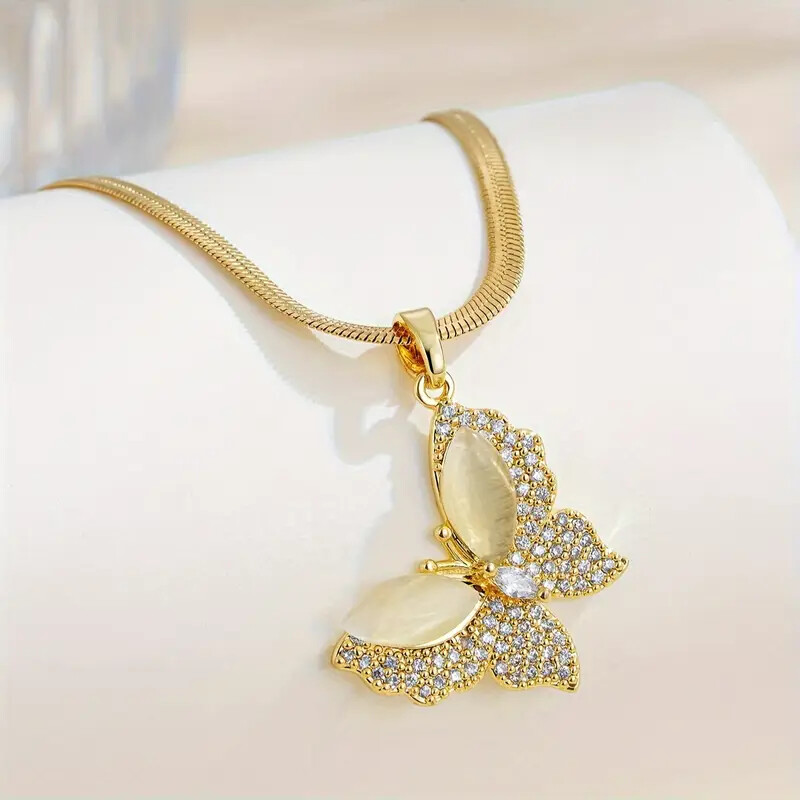 French Style Necklace With White Cat Eye Butterfly Pendant & Rhinestone Accents