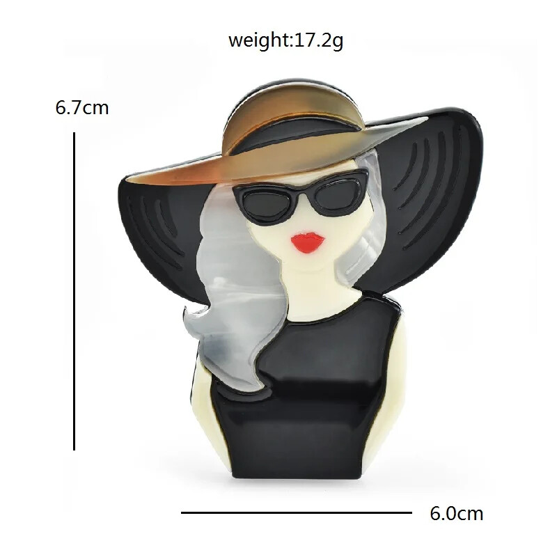 Acrylic Beautiful Lady Brooches For Women Modern Girl Figure Wear Glasses Hat