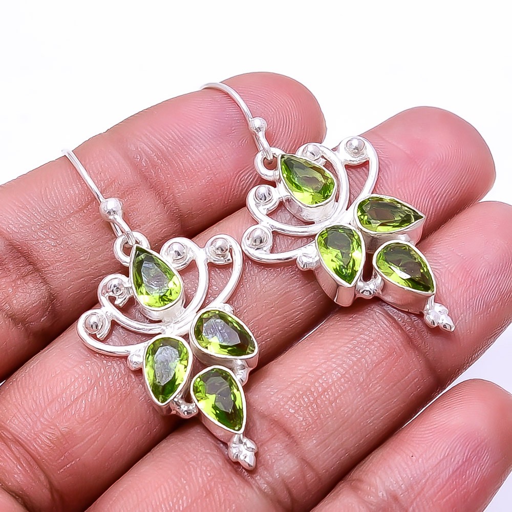 Peridot Multi Collet 925 Sterling Silver Earring 1.95″ E2, Christmas Gift