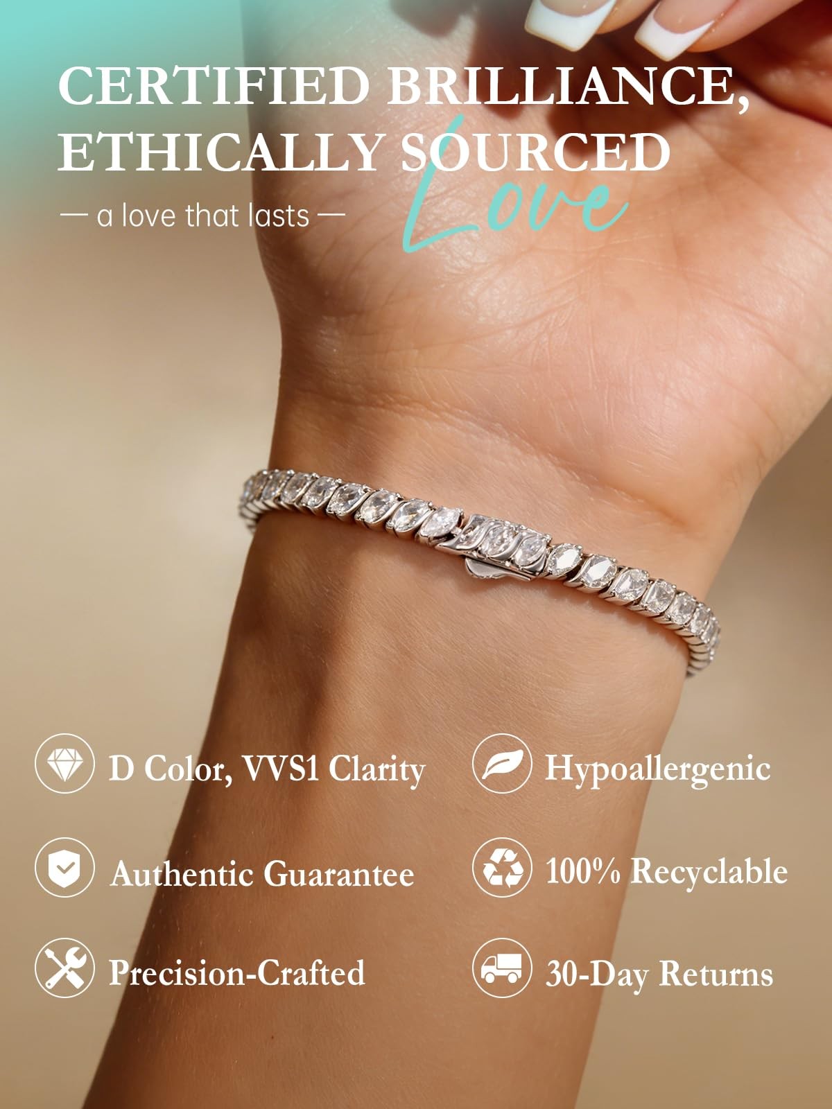 LOIPURI Moissanite Tennis Bracelets for Women Wave 6.5Inch, White Gold