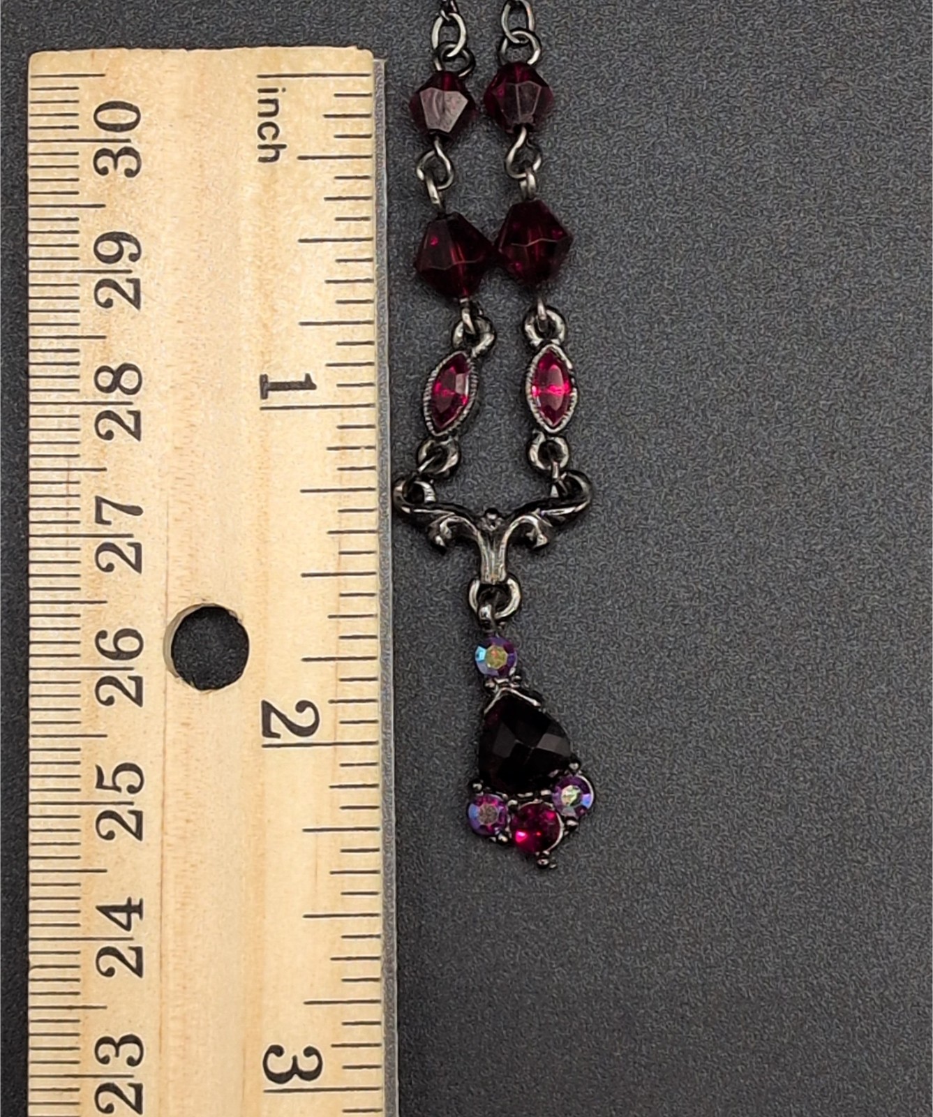 Necklace 1928 Gunmetal Silver Tone Y-Drop Red Beads Aurora Borealis Rhinestones