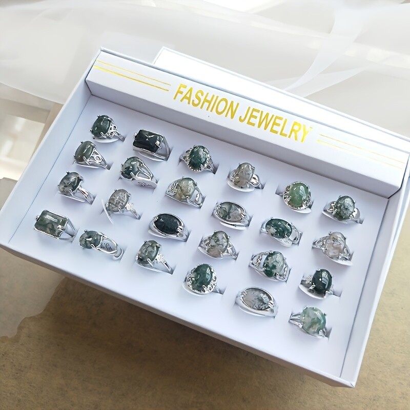 24 Piece Boxed Vintage Moss Stone Ring Green Moss Agate Engagement Ring