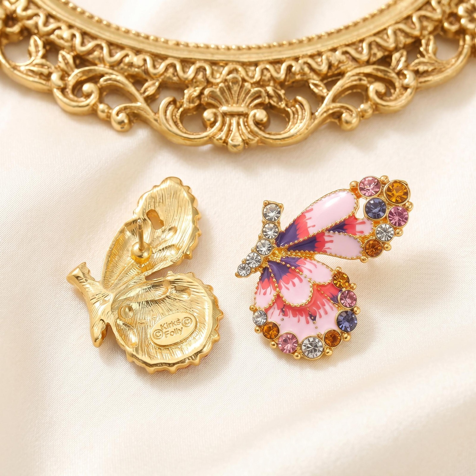 Colorful Butterfly Stud Earrings, Pink Purple Gold Rhinestone Enamel Statement