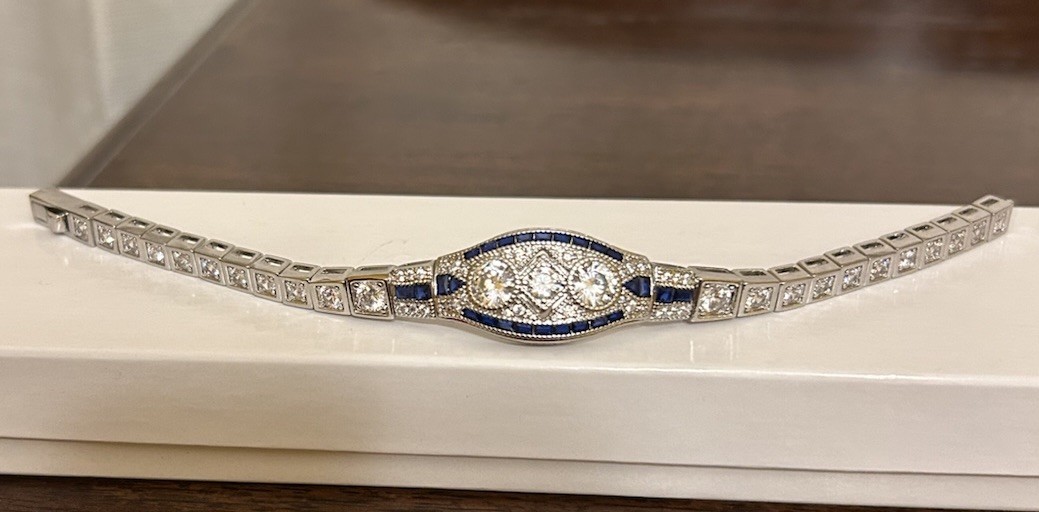 Silver Sapphire Blue CZ & Diamond CZ Art Deco Art Nouveau Inspired Bracelet NWT