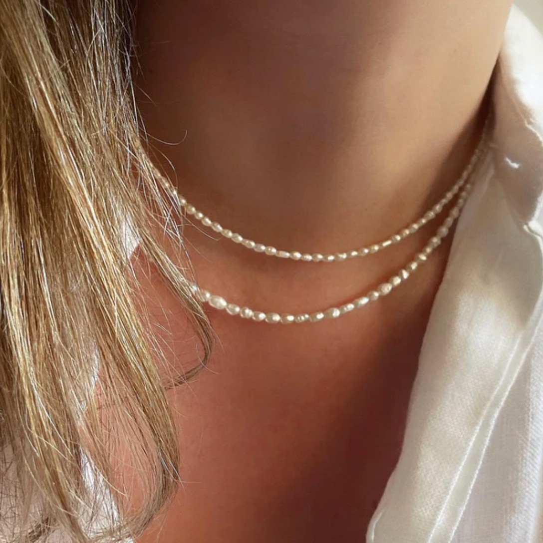 2-Piece Natural Freshwater Pearl Dainty Rice Bead Choker Necklace Set