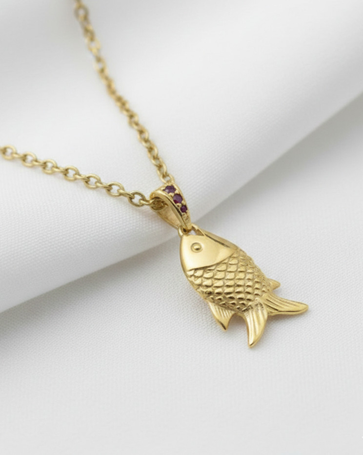 Elegant Look Pure Brass Unique Fish Gold Color Design Pendent Comes With Chain.