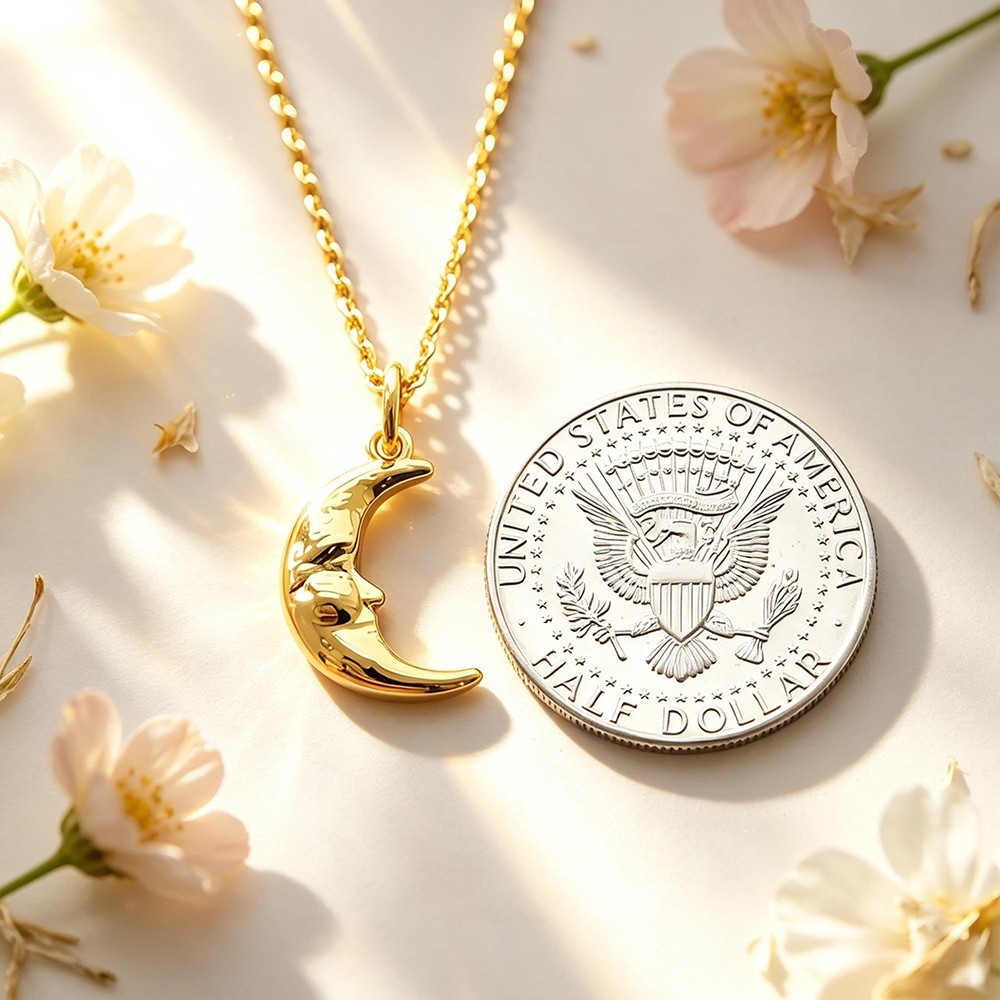 Solid Moon Pendant Necklace 14K Gold 3D Crescent Man Half Moon Charm Astrology