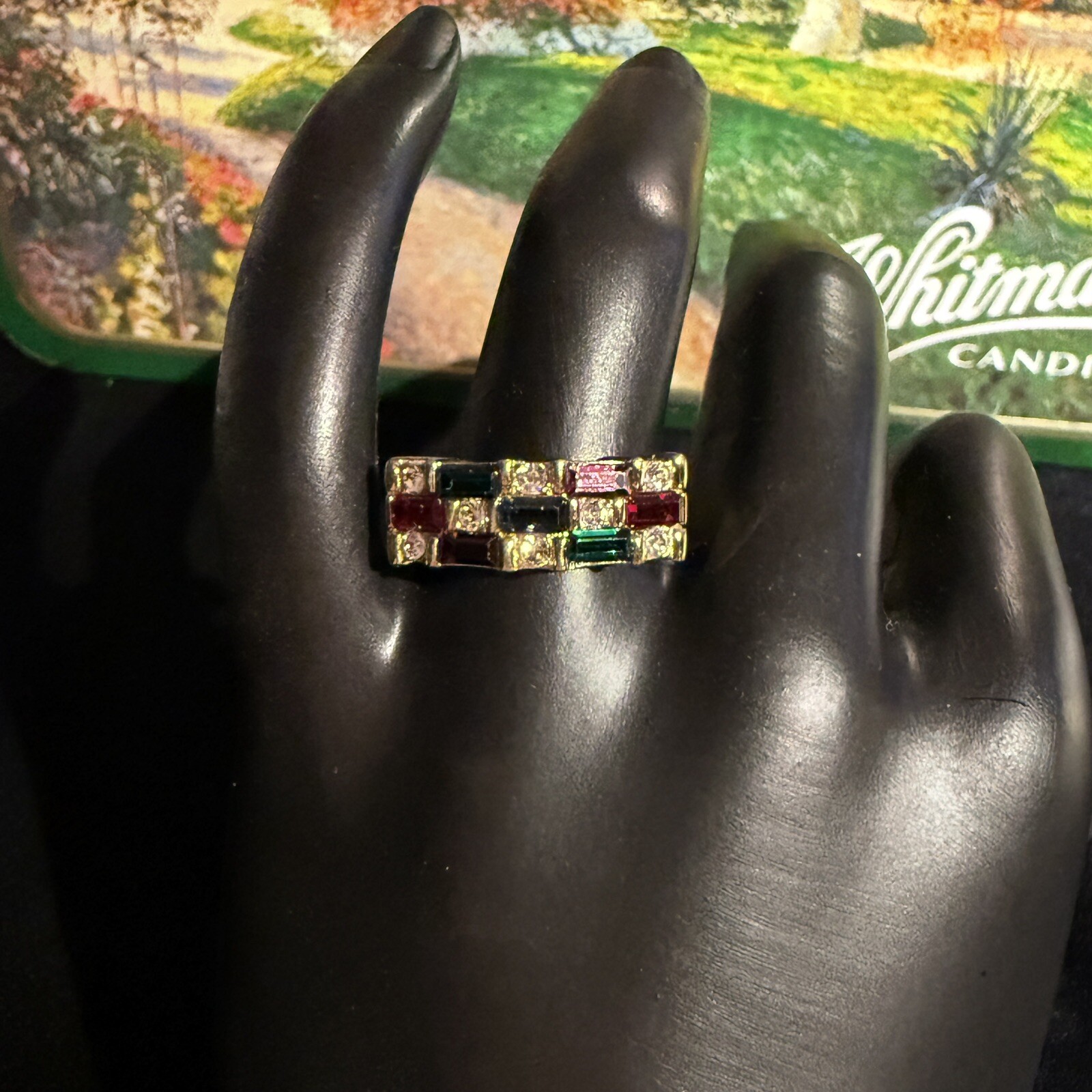 Multicolor Crystal Baguette Ring Yellow Gold Tone Stainless Steel TK316. Size 7