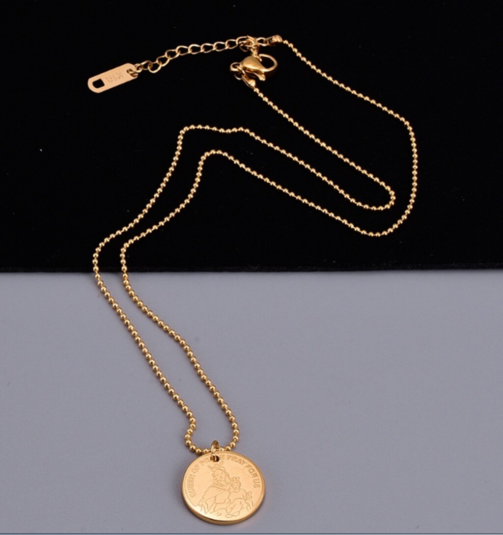 Women Girl Titanium Stainless Steel Our Lady of Mary Round Gold Coin Necklace
