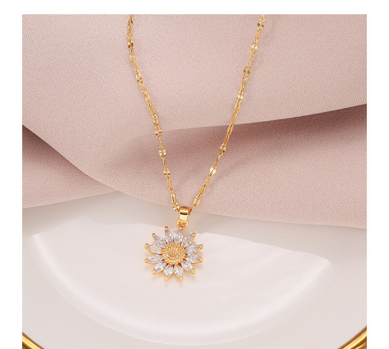 Women’s Fashion Jewelry Gold Cubic Zircon Sunflower Pendant Necklace 1-96