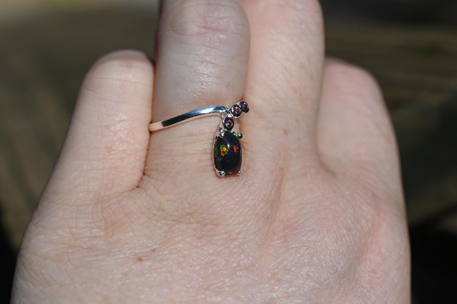 Black opal and garnet in sterling silver size 7, 7.35 7.5, 7.75, 8