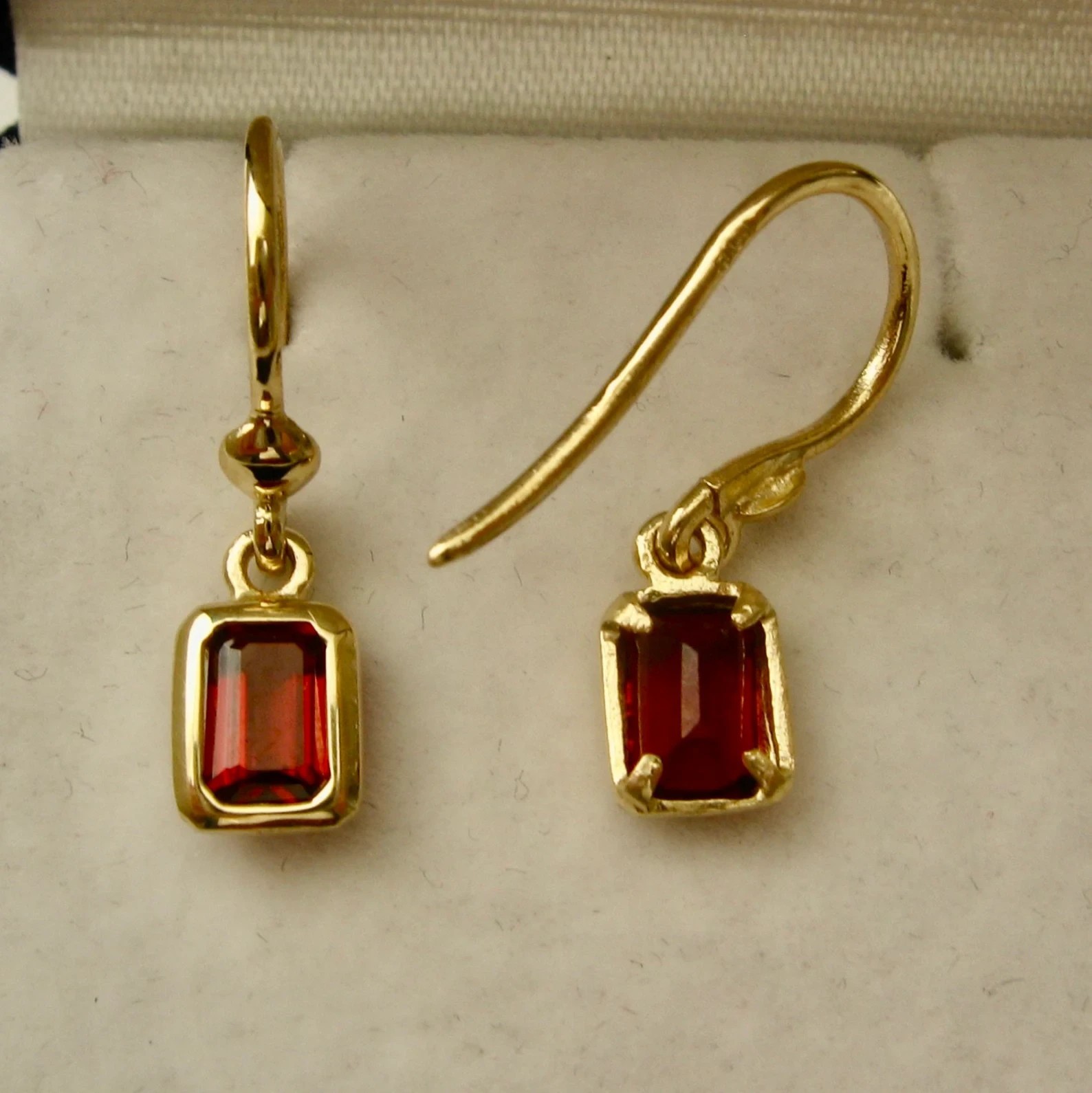 Emerald Cut Simulated Red Garnet Drop/Dangle Earrings In 14k Yellow Gold Plated
