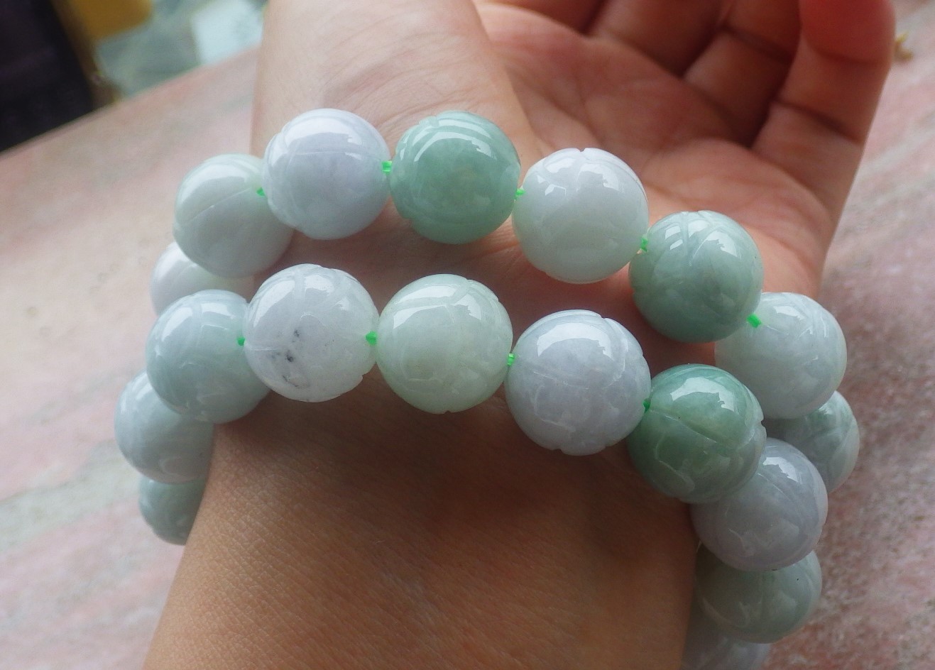 1 piece Green A JADE Jadeite Beads Bangle Lotus Flower Bracelet 7 inches 734353