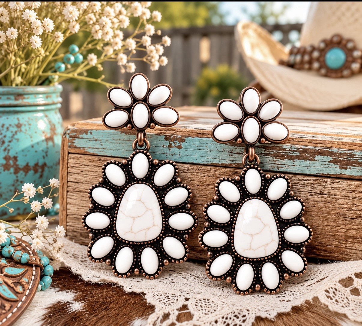 Boho Cowgirl Earrings, Faux white stone, rustic style, rodeo jewelry,