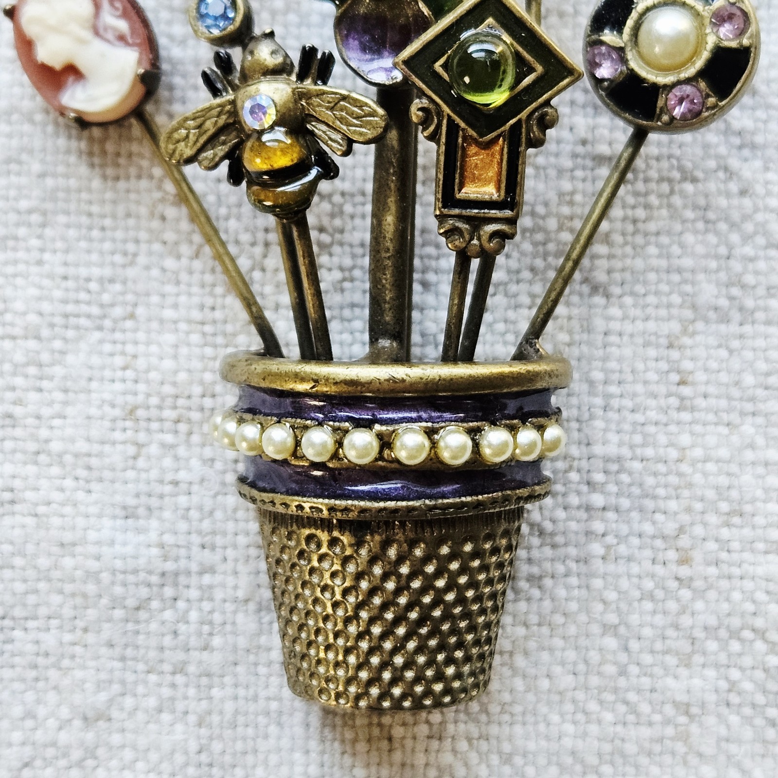 Sweet Romance USA Thimble Pin Colored Rhinestones Pearls