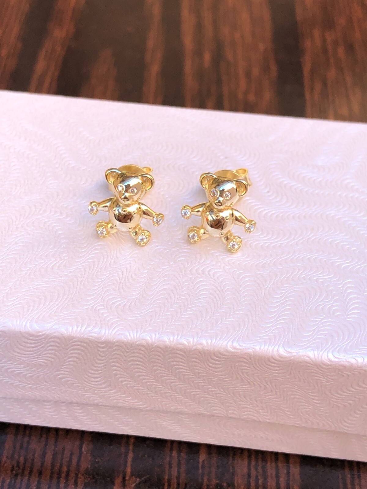 925 Sterling Silver CZ Gold Teddy Bear Stud Earrings Tiny Dainty 9mm Women Girls