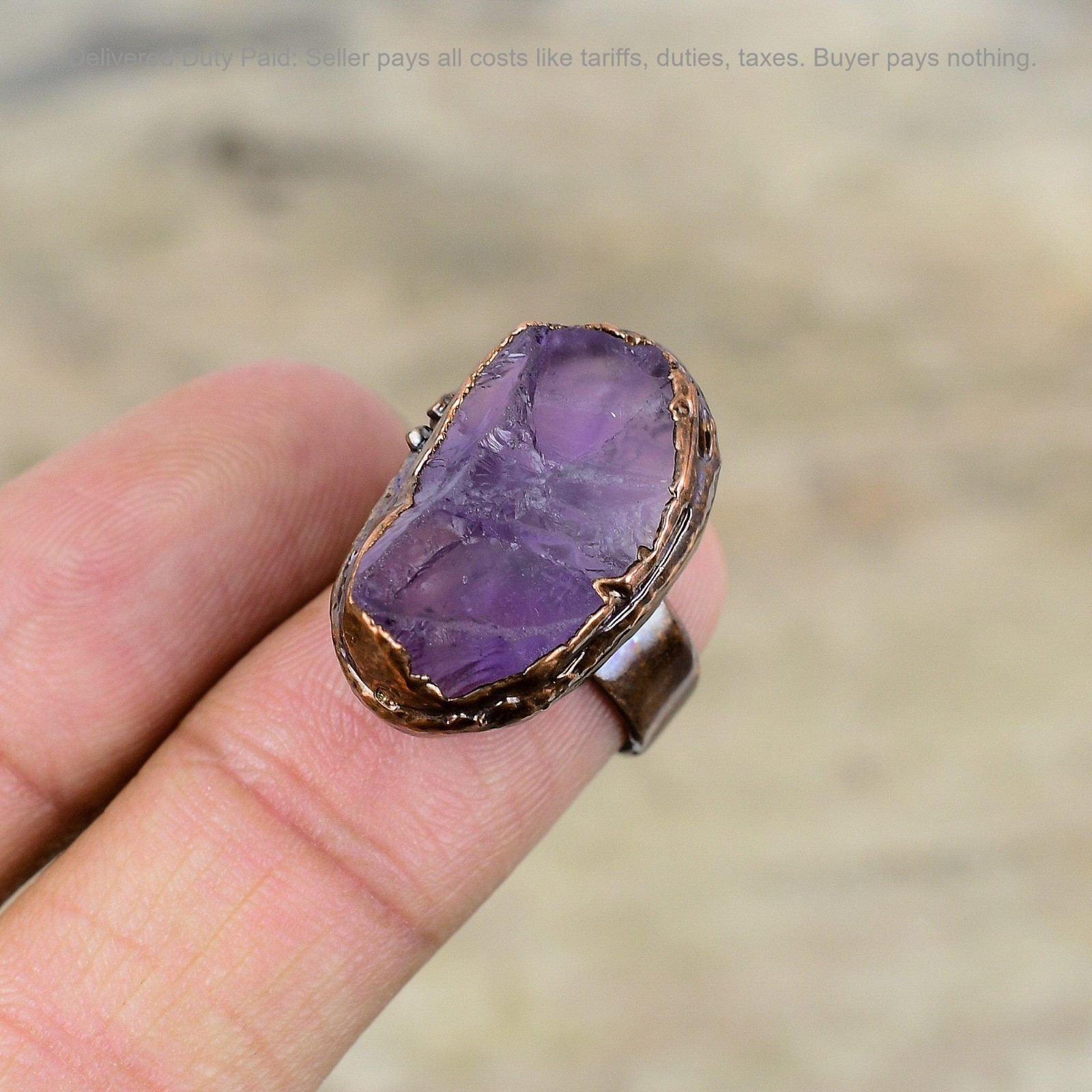 African Amethyst Rough Gemstone Stackable Bezel Trendy Electroformed Ring Copper