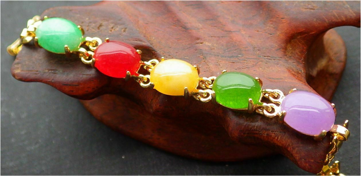 Gold Plate Lavender Red Green Yellow JADE Cabochon Beads Bangle Bracelet 101006
