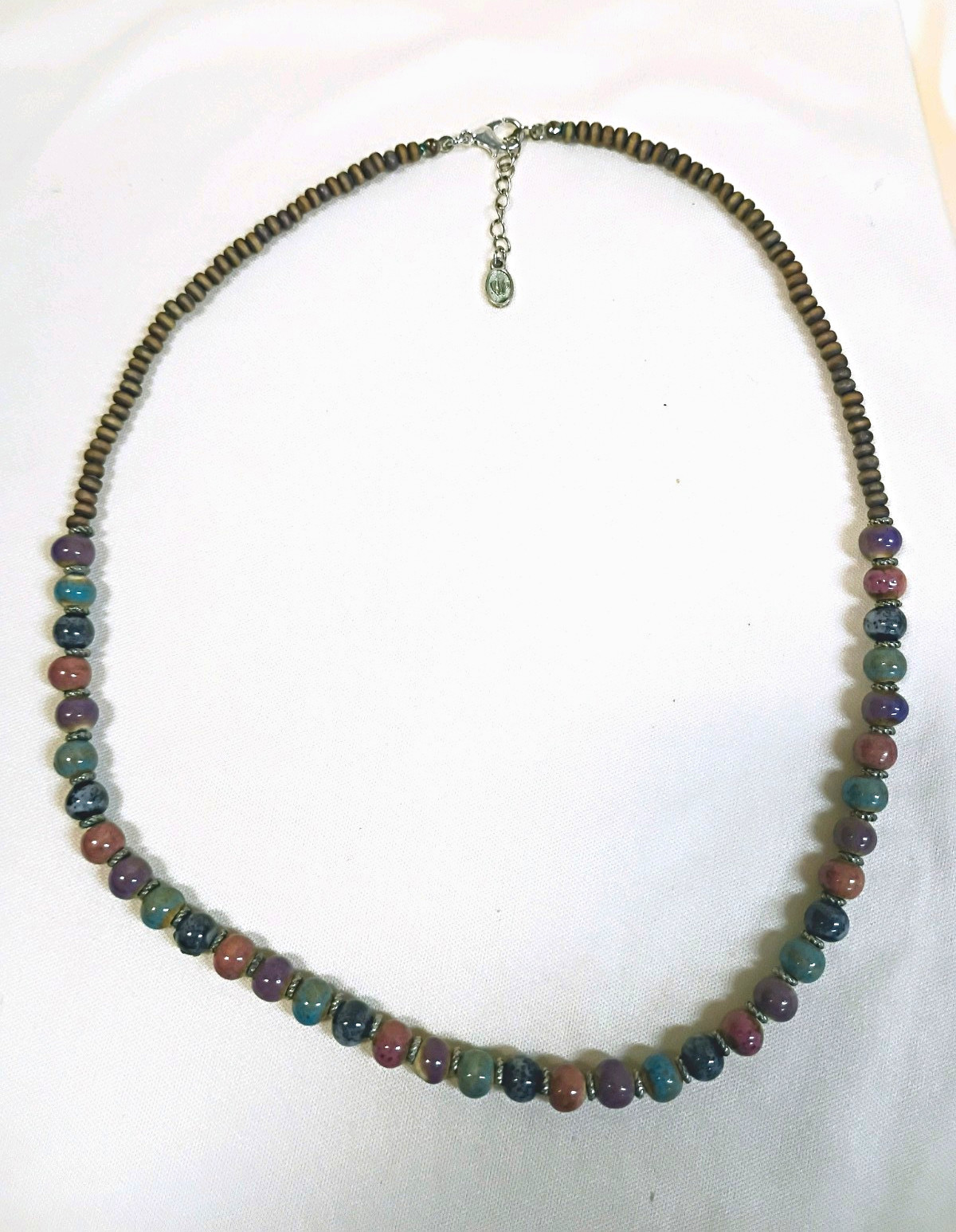 Multicolor Wood & Stone Beaded Necklace 19-24in Adjustable Lobster Clasp