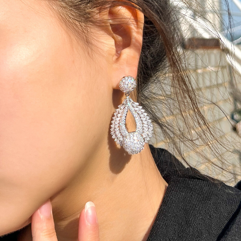 Exquisite Yellow Gold Plated CZ Zirconia Chandelier Dangle Drop Wedding Earrings