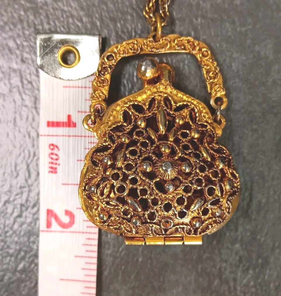 ART Filigree Purse Locket Pendant Sachet Necklace Victorian Style Kiss Lock Vtg