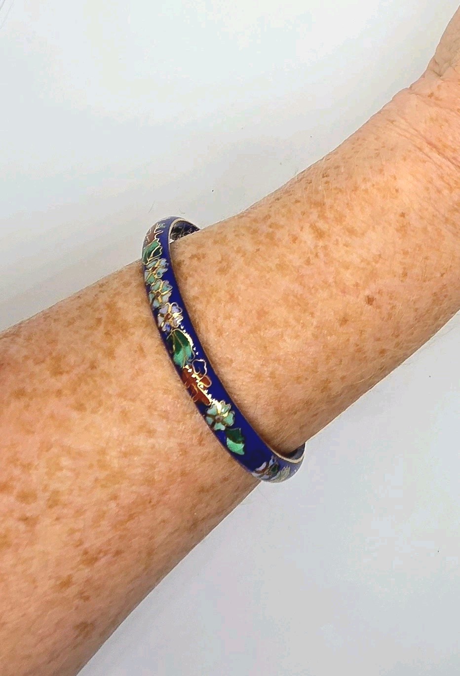 Vintage Bangle Chinese Enamel Cloisonne Cherry Blossom Blue Costume Jewellery