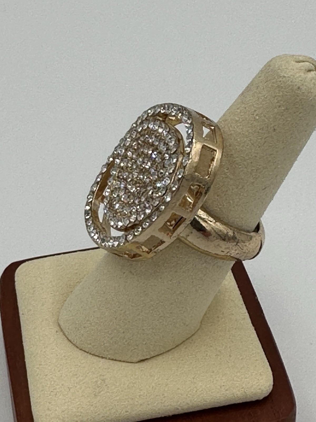 Statement Gold Tone Stretch Cocktail Ring Pave Rhinestones Cluster Oval Bling