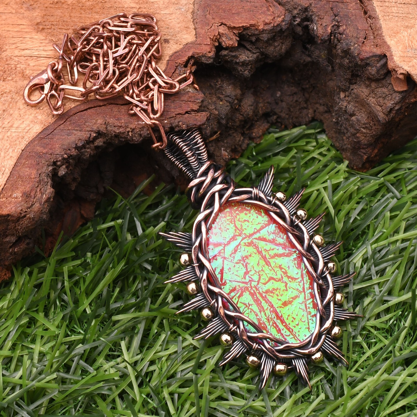 Triplet Fire Opal Gemstone Copper Wire Wrap Handmade Jewelry Pendant 2.28″