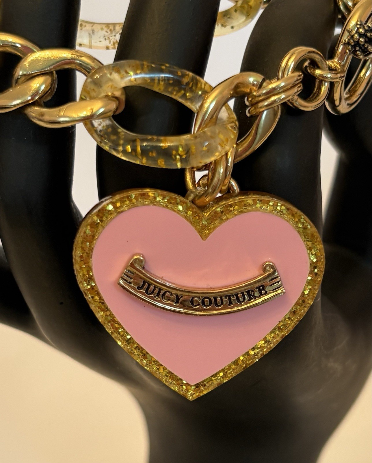 Juicy Couture Pink Heart Charm Bracelet Gold Glitter Lucite Links w/ Box Y2K