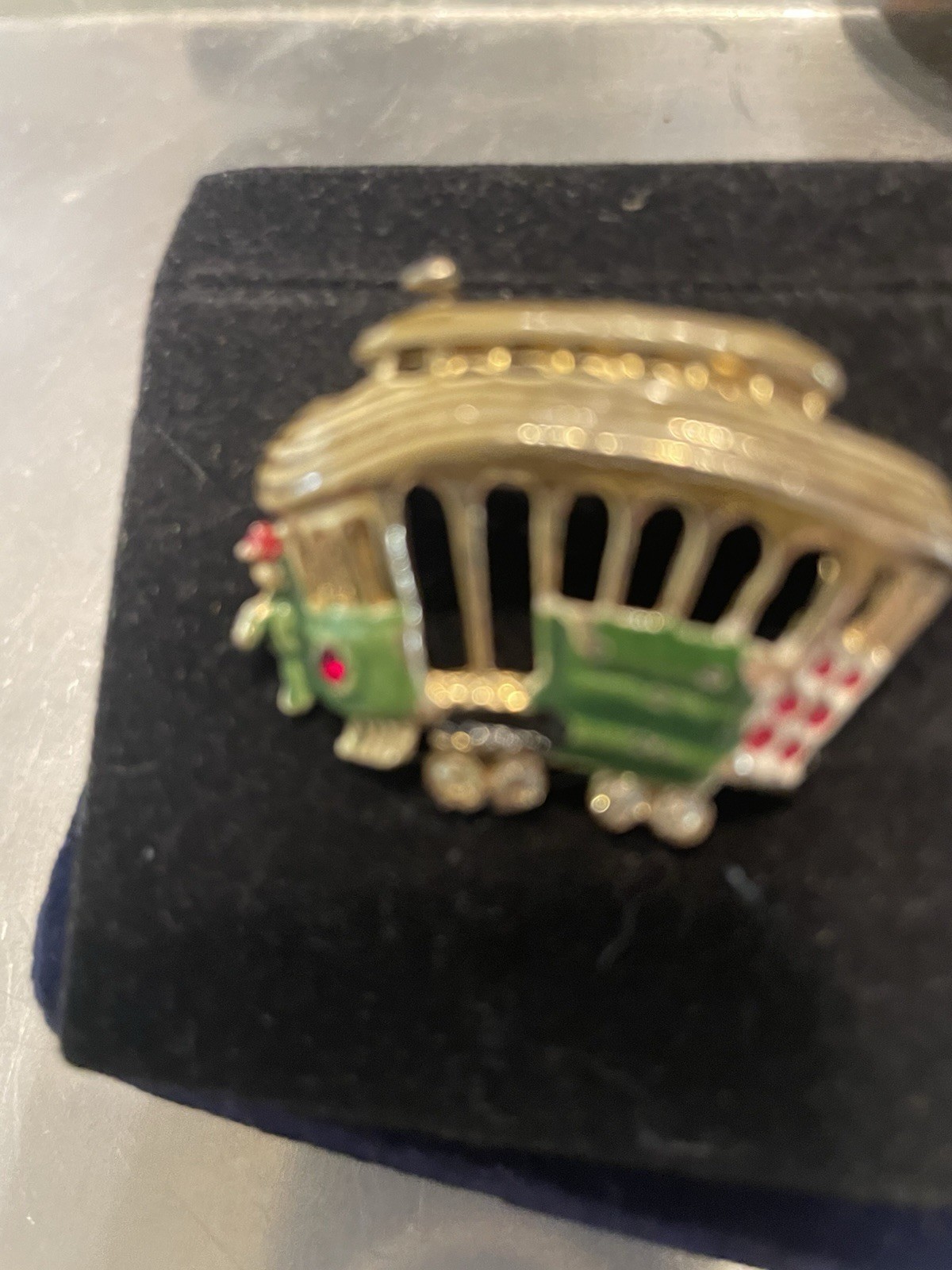 Trolley Streetcar Brooch Gold Tone Green Red Black White. Red Stone Headlight
