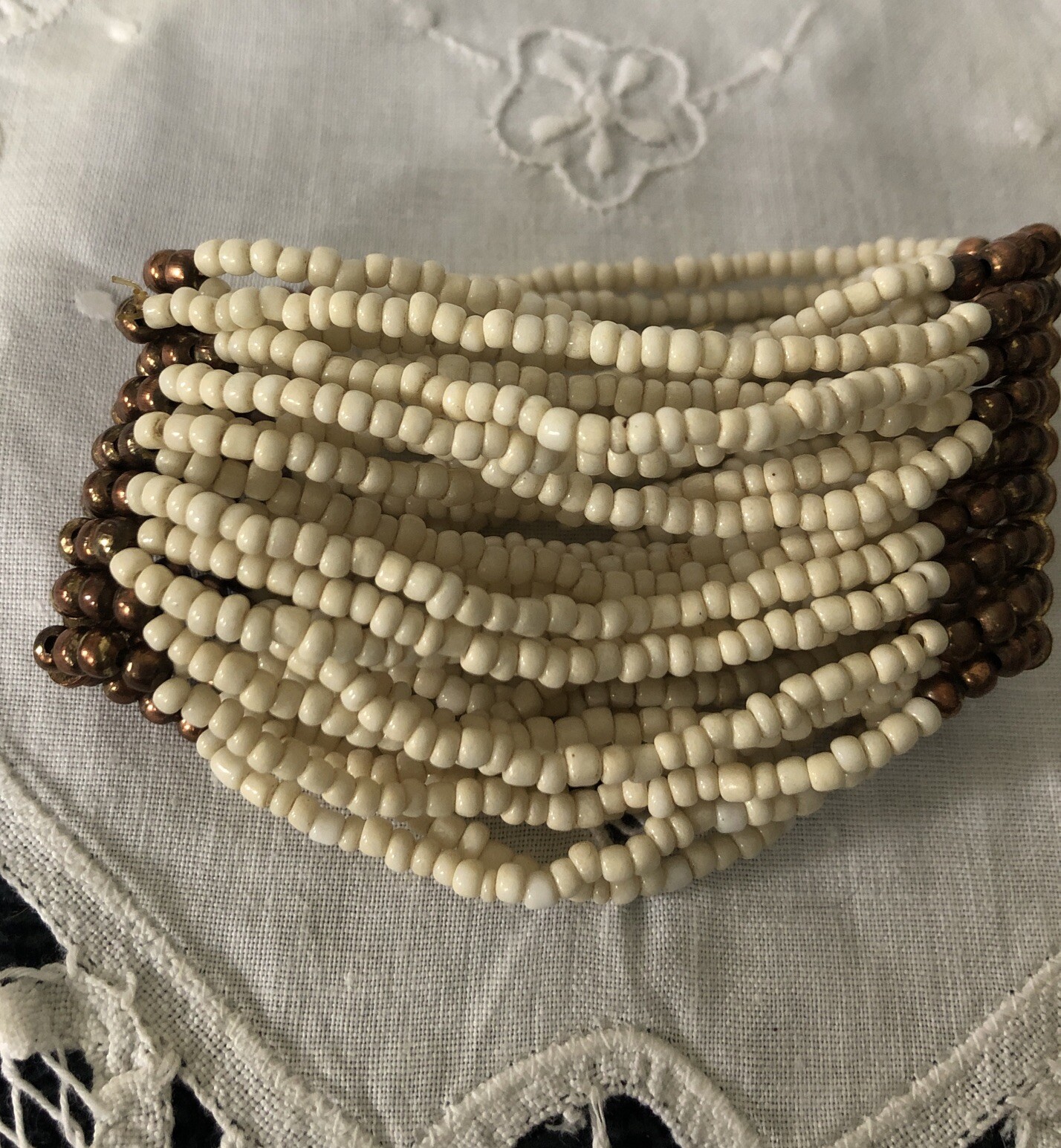 Micro Bead Multi Strand Bracelet Cream & Copper 1 1/2”W 8”Circumference Slip On