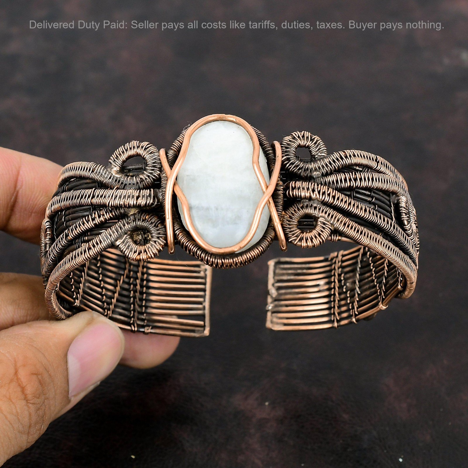 Black Friday Sale Copper Rainbow Moonstone Stone Wire Wrapped Wife Cuff Bracelet