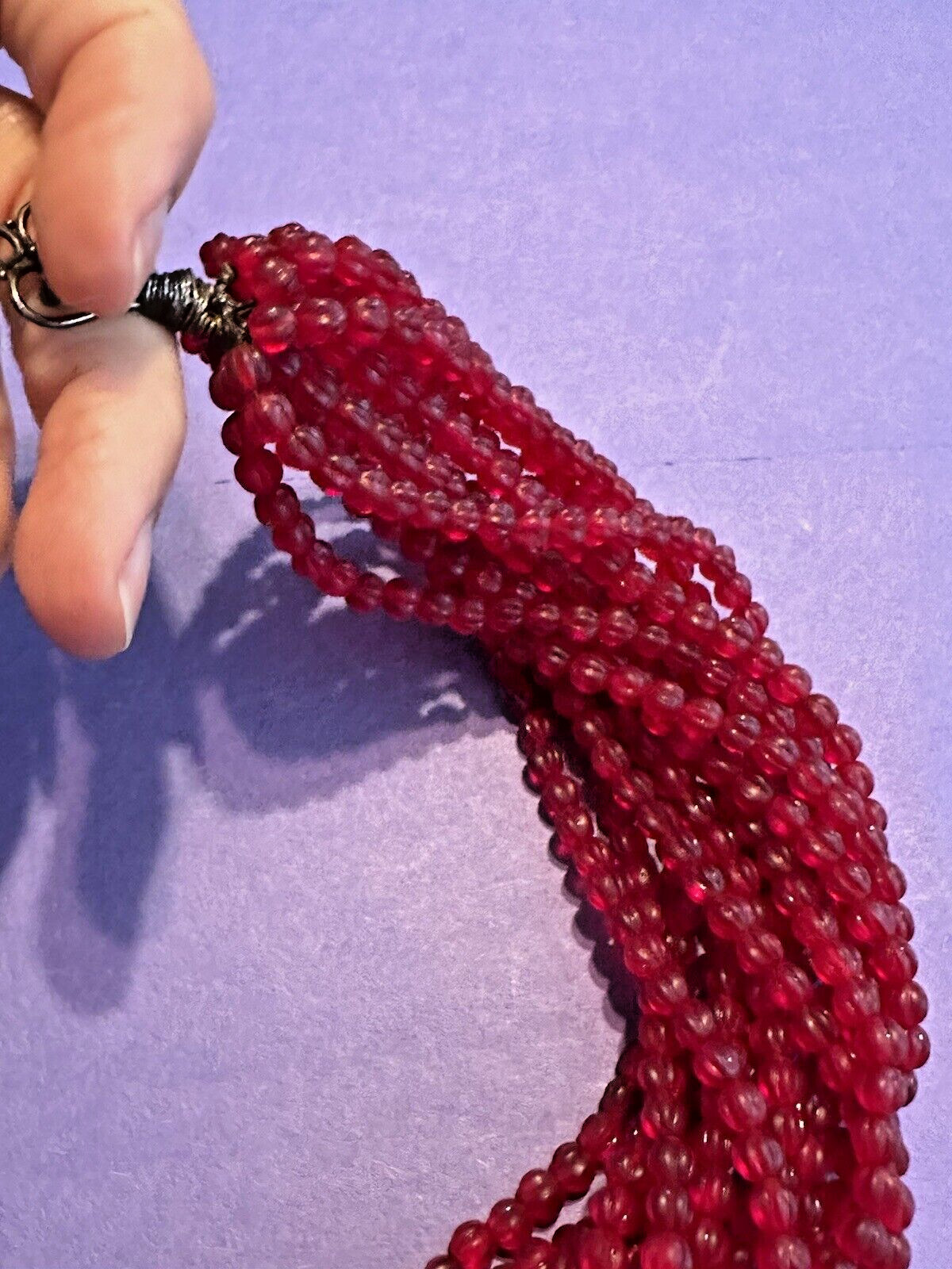 Necklace Red Multi strand Textured Bead Heart Clasp Statement 16″ Stunning Vtg
