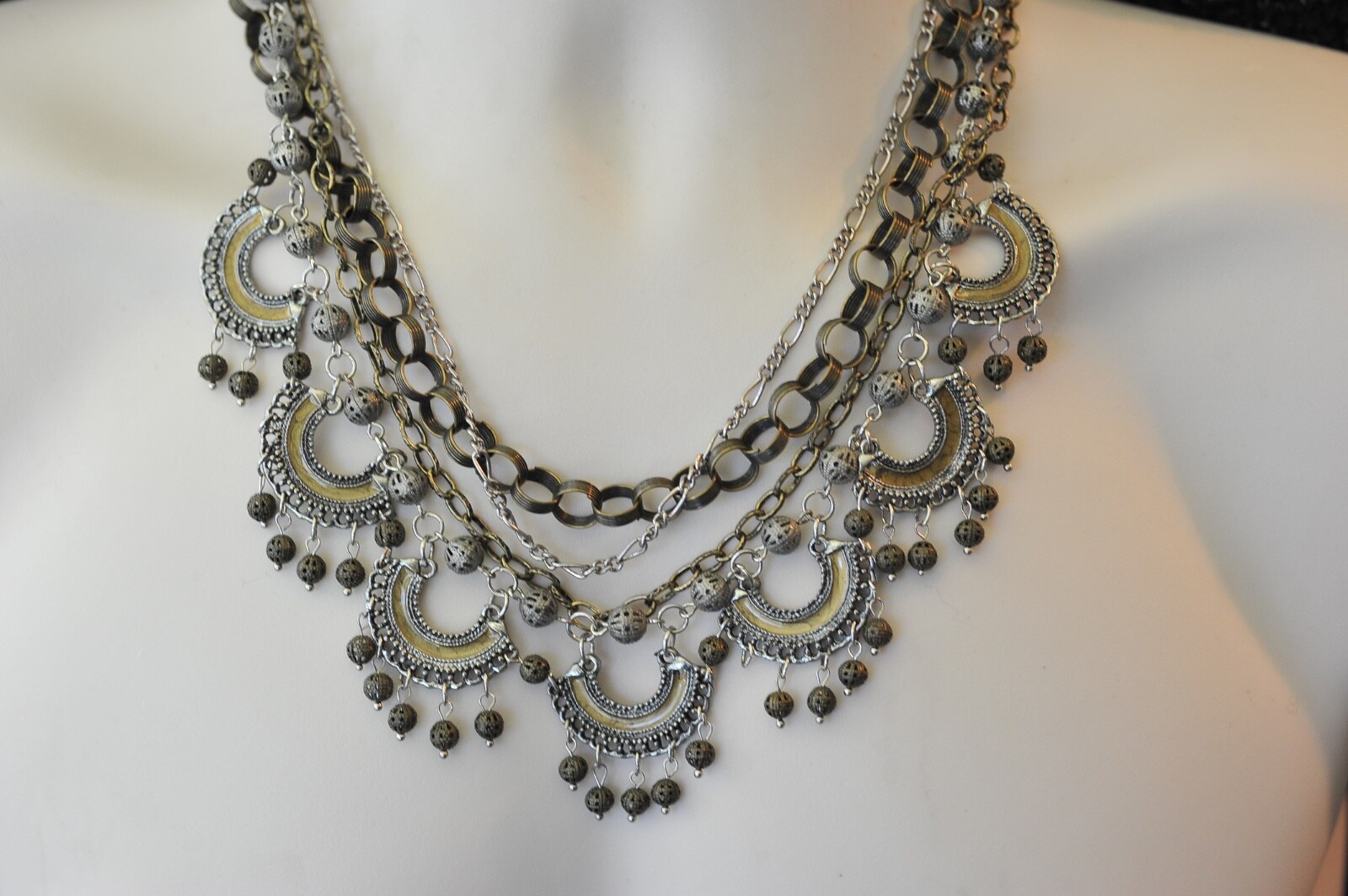Treska Multi Chain Charm Necklace 2 tone layered statement boho 1 missing ball