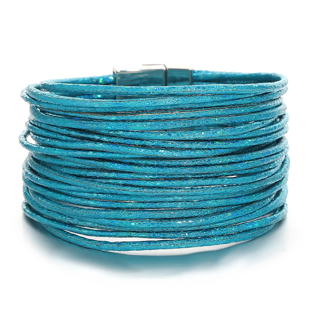 Triple Color Leather Wrap Bracelet Multilayer Slim Glitter Rope Chain Women