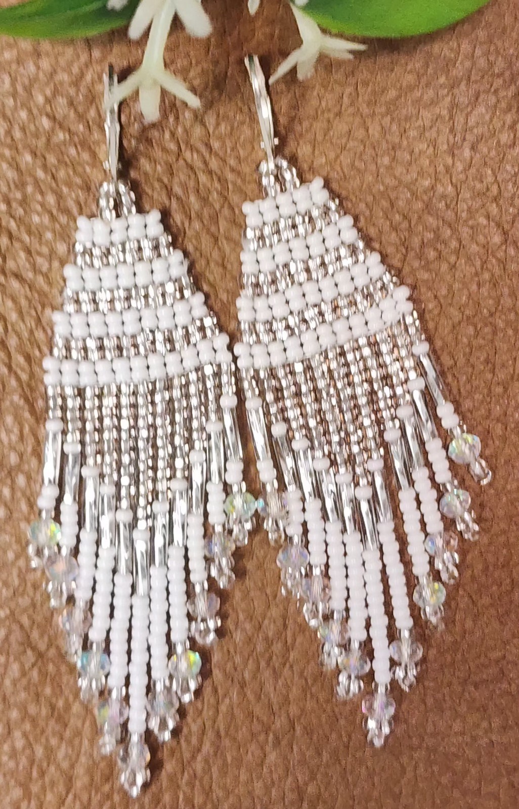 Elegant Brighton White Crystal Beads Earrings with Delicate Desi . Leght 3.5 In