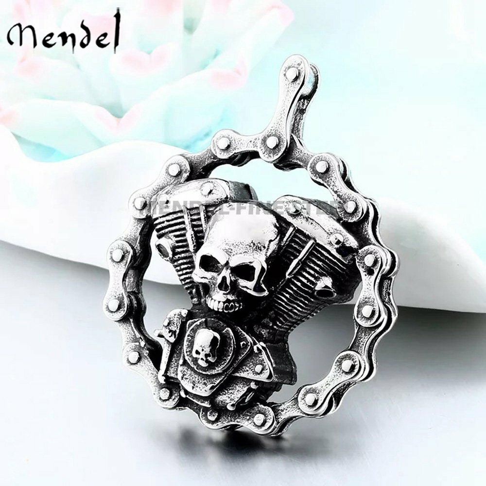 MENDEL Mens Stainless Steel Motorcycle Chain Biker Skull Pendant Necklace Men